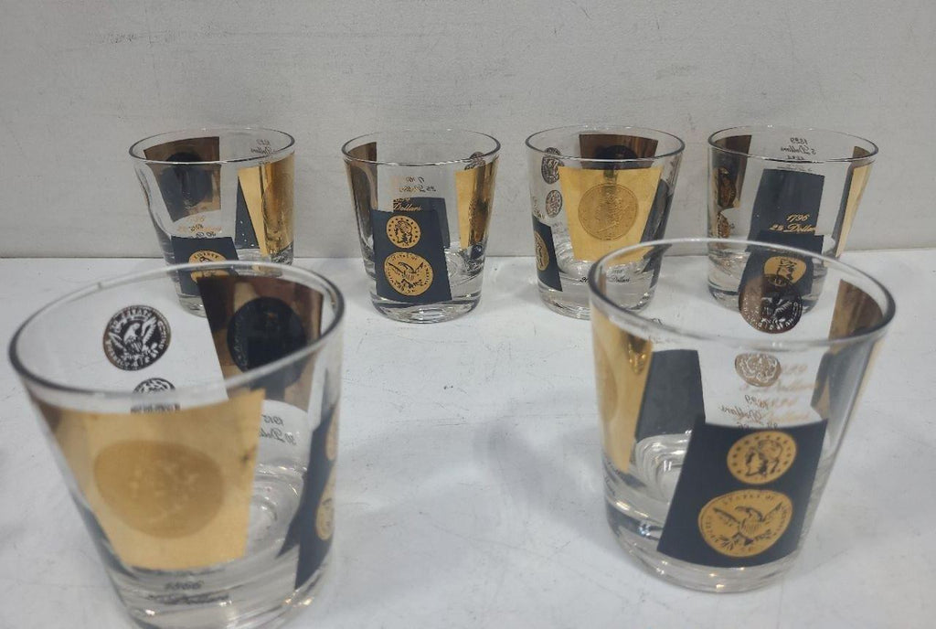 1960s Set of 6 Coin Barware Glasses with Gold & Black Designs