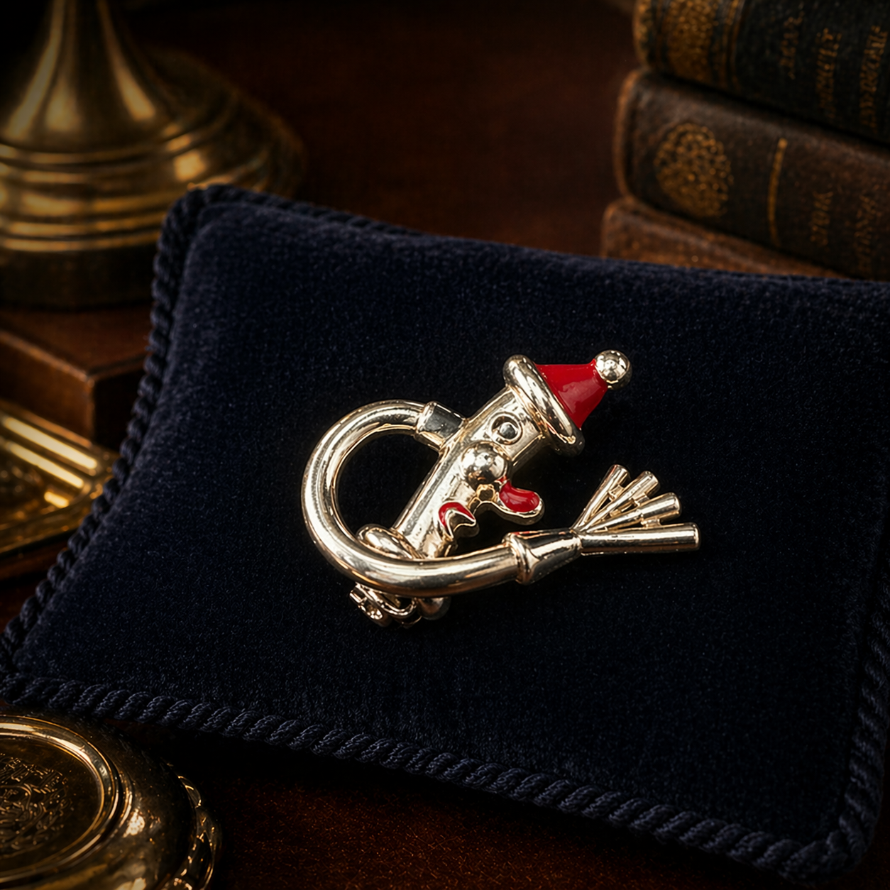 Santa Fire Hydrant Figural Brooch Holiday Novelty Pin Silver Gold Tone with Red Enamel Accents