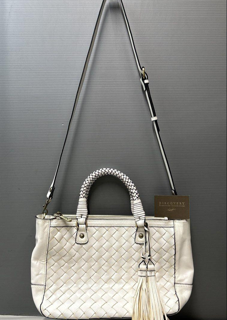 Patricia Nash Cortona Ivory Woven Leather Tote Bag with Tassel Charm