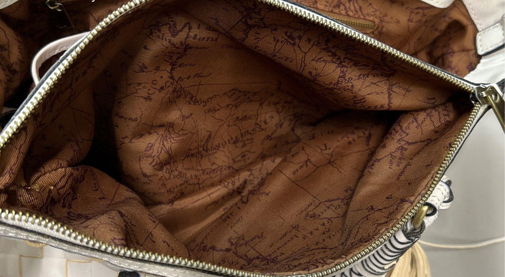 Patricia Nash Cortona Ivory Woven Leather Tote Bag with Tassel Charm