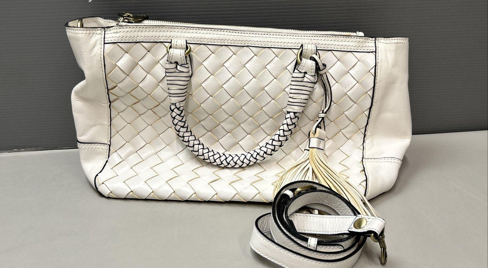 Patricia Nash Cortona Ivory Woven Leather Tote Bag with Tassel Charm