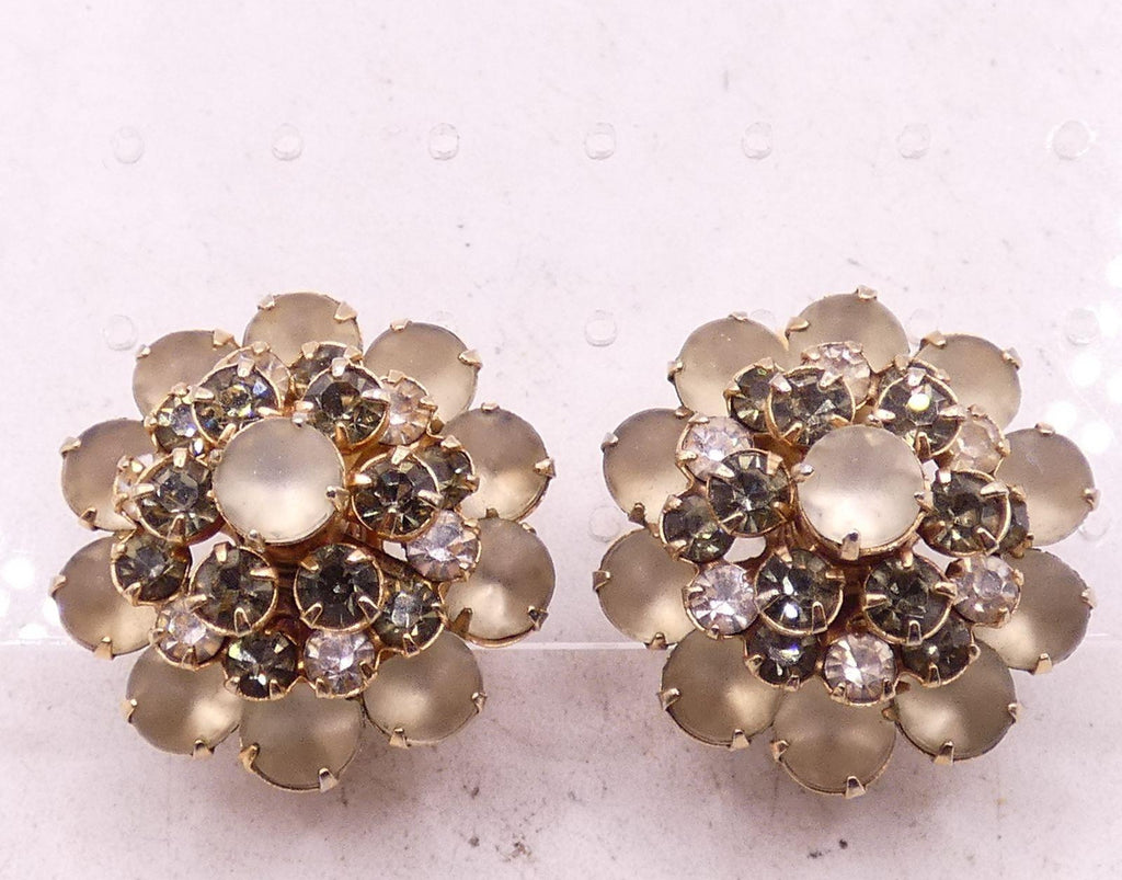 Vintage Gold Tone Frosted Glass Rhinestone/Crystal Flower Clip On Earrings