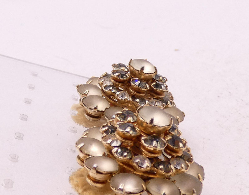 Vintage Gold Tone Frosted Glass Rhinestone/Crystal Flower Clip On Earrings
