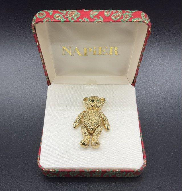 Napier Gold-Tone Articulated Teddy Bear Brooch with Rhinestone Eyes