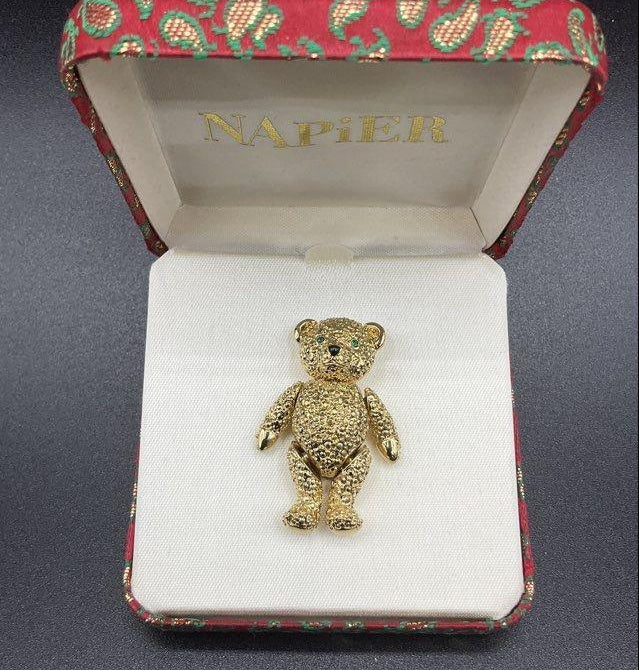 Napier Gold-Tone Articulated Teddy Bear Brooch with Rhinestone Eyes