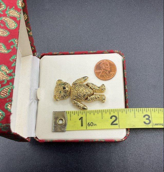 Napier Gold-Tone Articulated Teddy Bear Brooch with Rhinestone Eyes