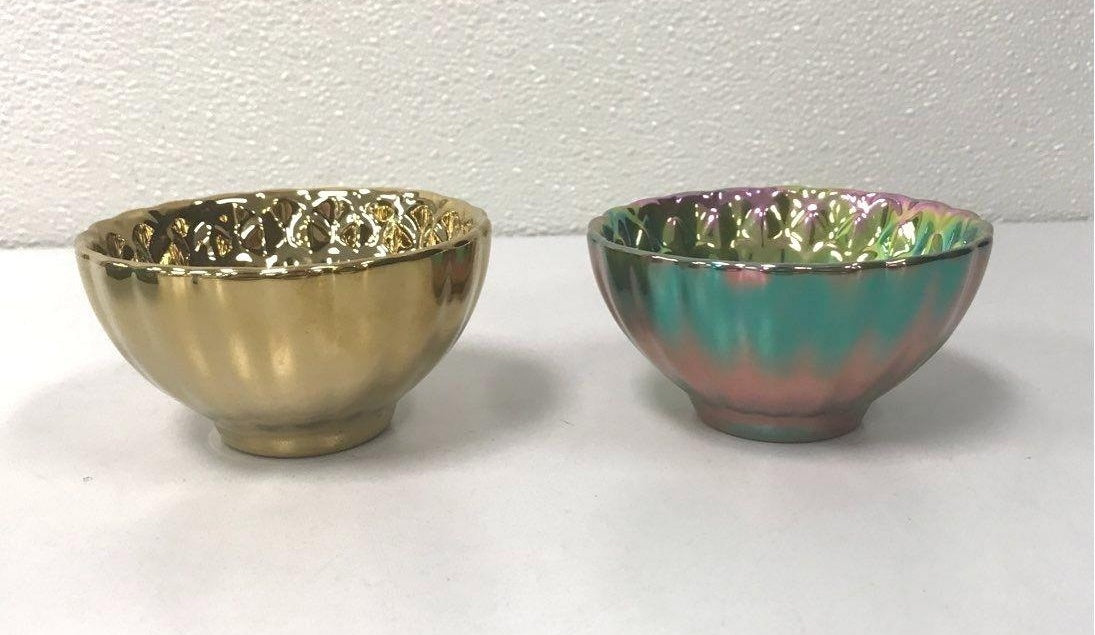 Peacock Gold Silver Multicolor Ceramic Cup Set of 2 in Box | 3.5" Decorative Trinket Bowls
