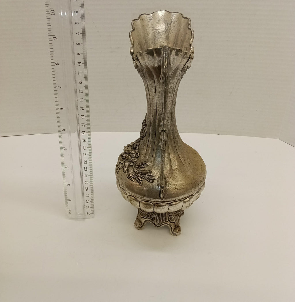 Silver-Tone Ornate Decorative Pitcher with Floral Design - Missing glass insert