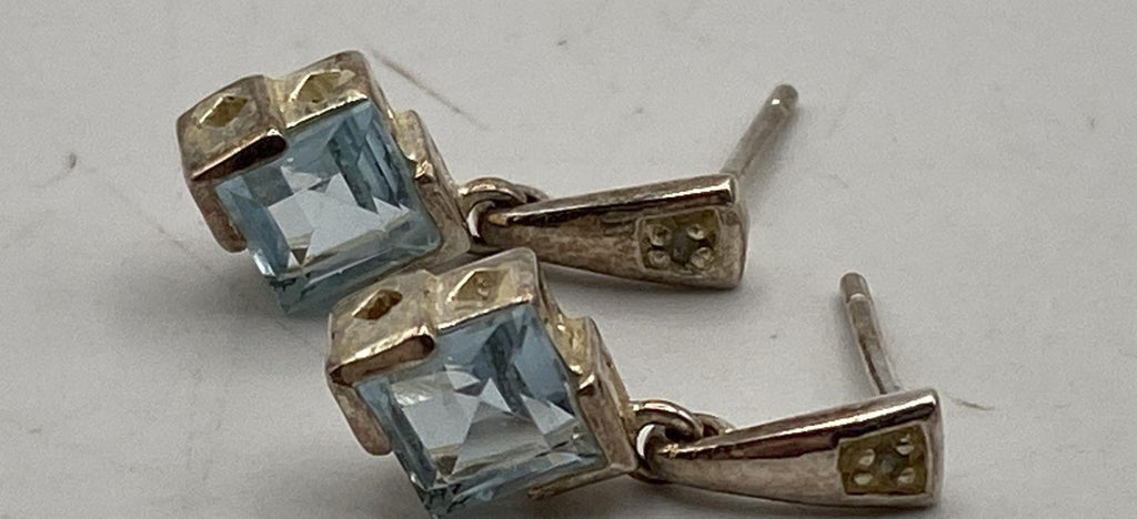 Blue Topaz and Moissanite 925 Sterling Silver Stud Earrings | Faceted Gemstone Pair