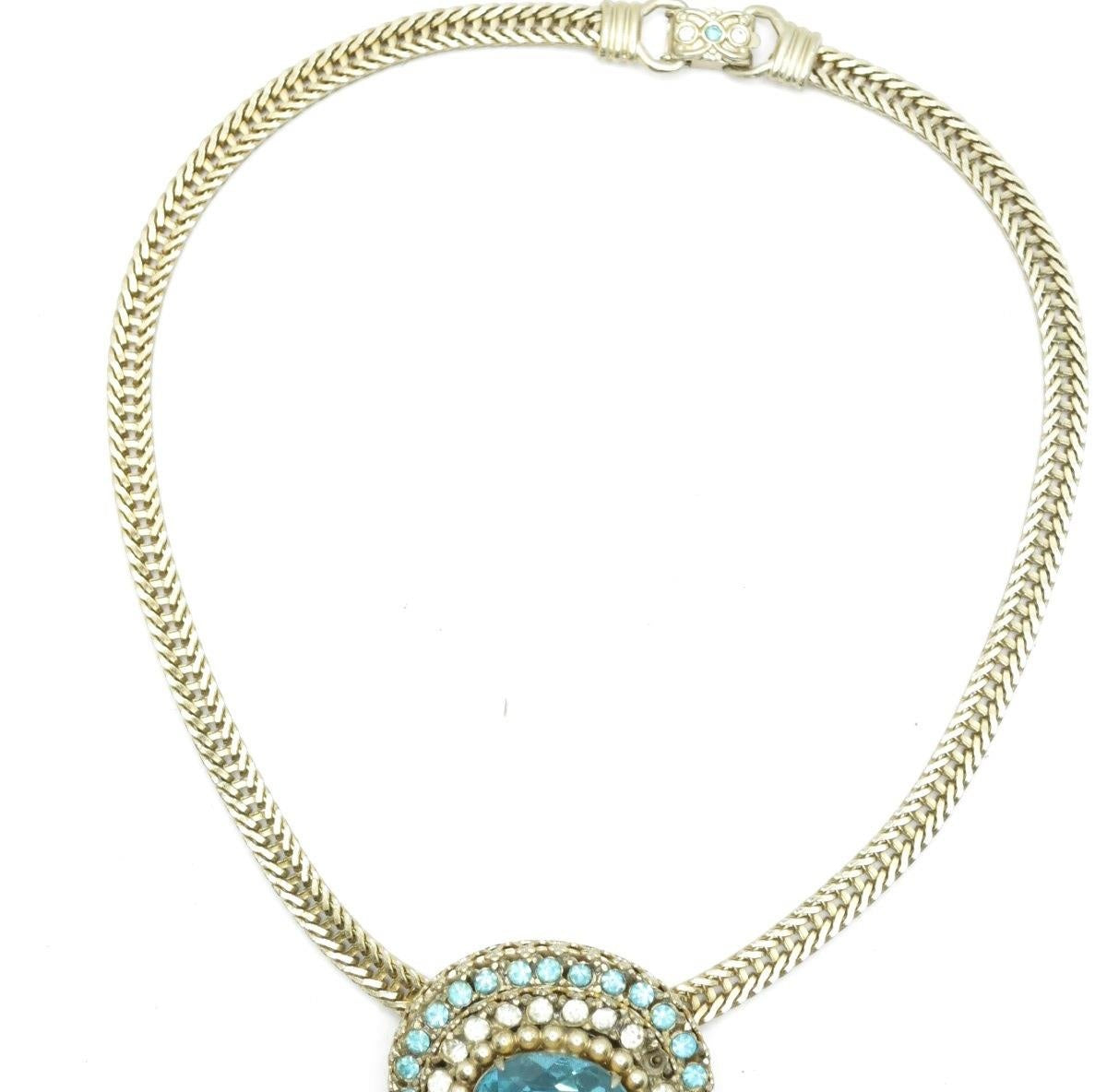 Vintage Coro Blue and White Rhinestone Choker Necklace | 13" Gold Tone Signed Necklace (MISSING STONES)