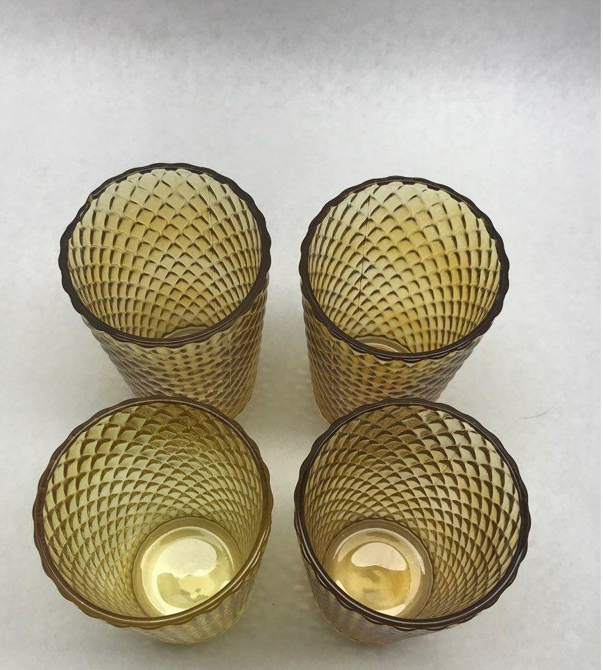Vintage Amber Diamond Optic Drinking Glasses Set of 4 Textured Tumbler Cups