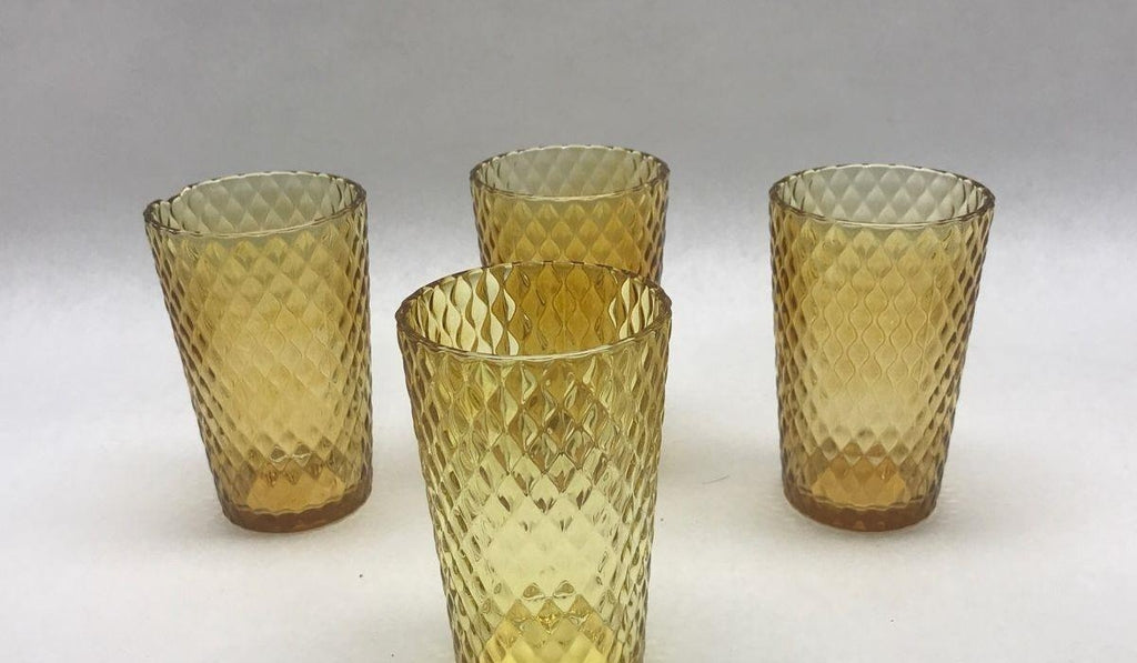 Vintage Amber Diamond Optic Drinking Glasses Set of 4 Textured Tumbler Cups