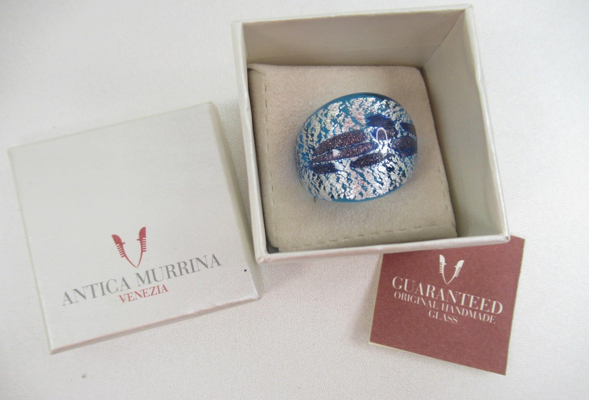 Vintage Antica Murrina Venezia Blue Murano Style Art Glass Statement Ring Size 6 with Original Box