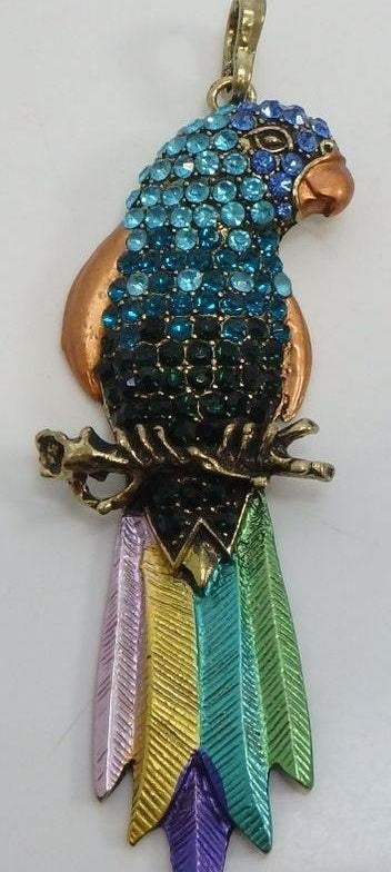 Blue & Green Rhinestone Enamel Parrot Pendant Tropical Bird Statement Necklace Charm