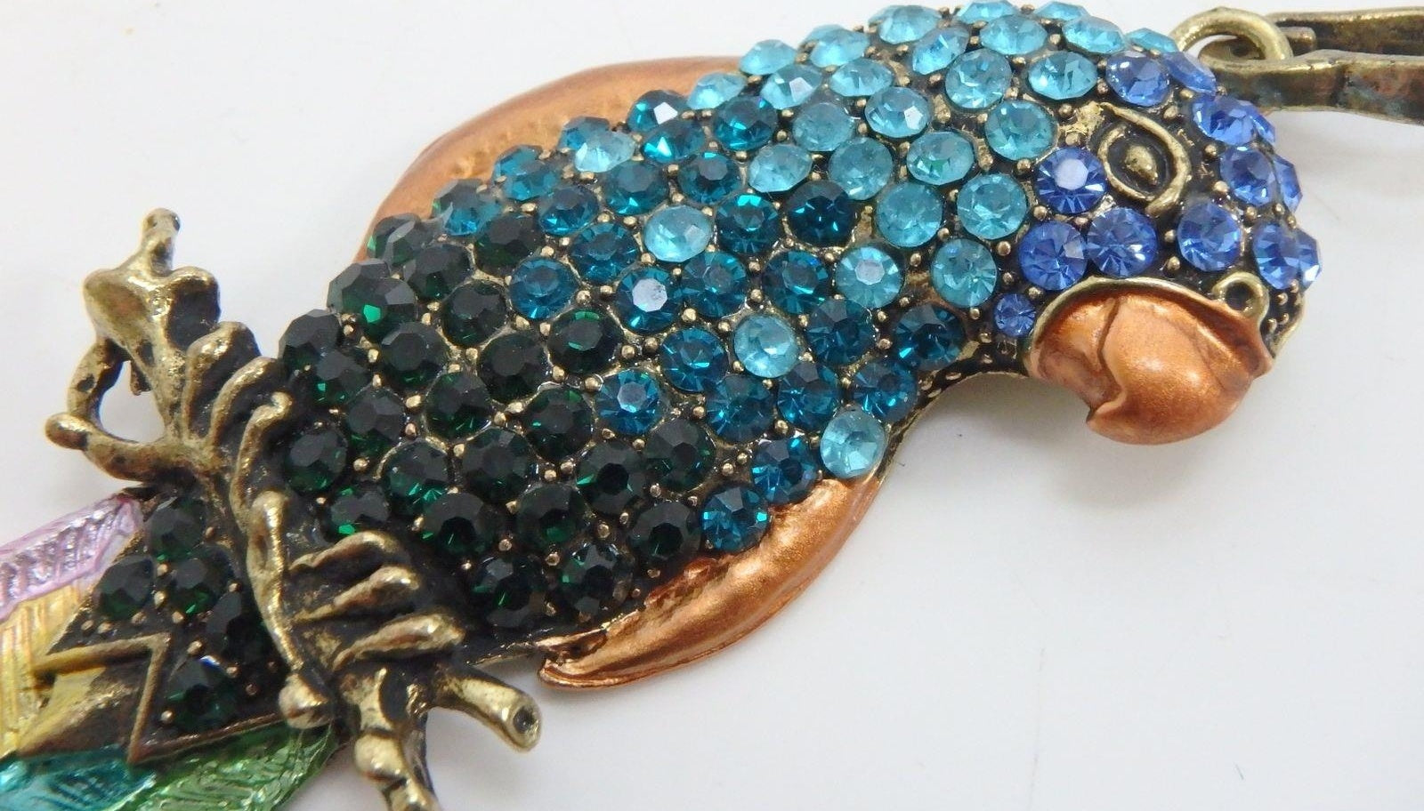 Blue & Green Rhinestone Enamel Parrot Pendant Tropical Bird Statement Necklace Charm