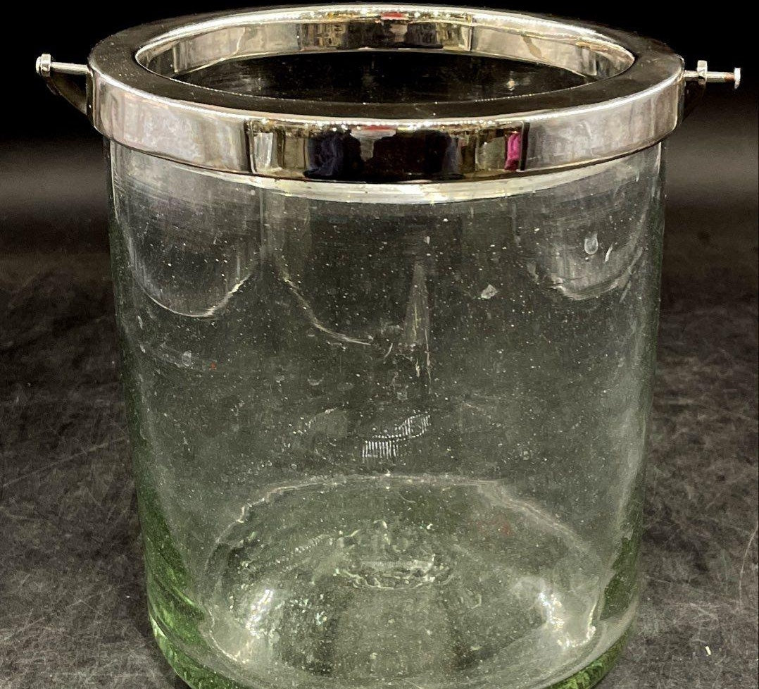 Vintage Light Green Glass Silver Plated Rim Ice Bucket
