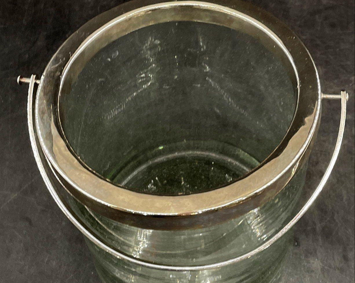 Vintage Light Green Glass Silver Plated Rim Ice Bucket