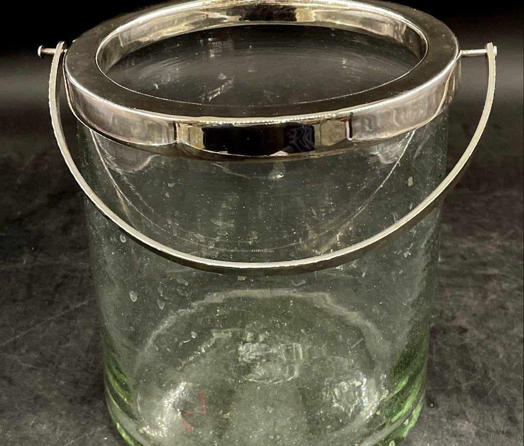 Vintage Light Green Glass Silver Plated Rim Ice Bucket