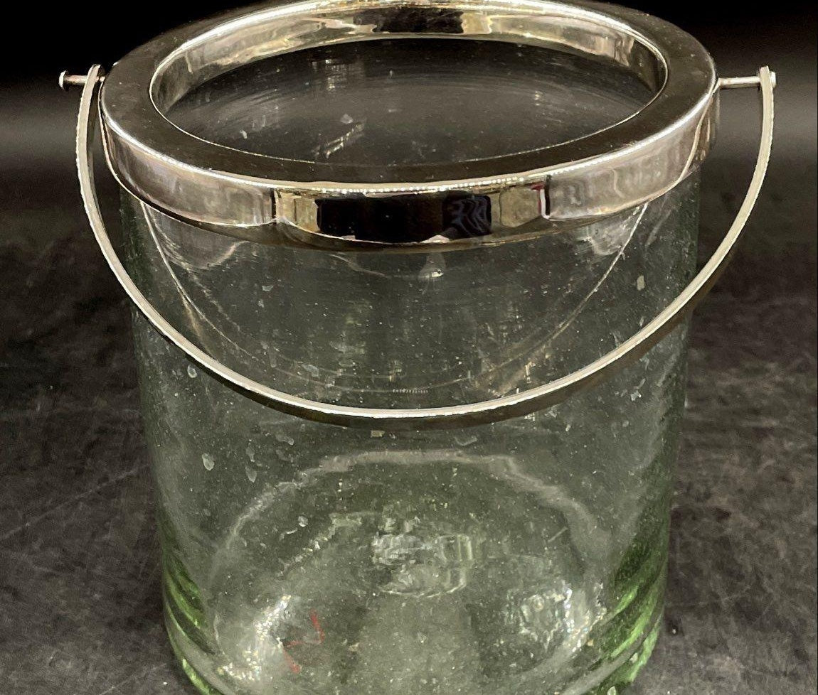 Vintage Light Green Glass Silver Plated Rim Ice Bucket