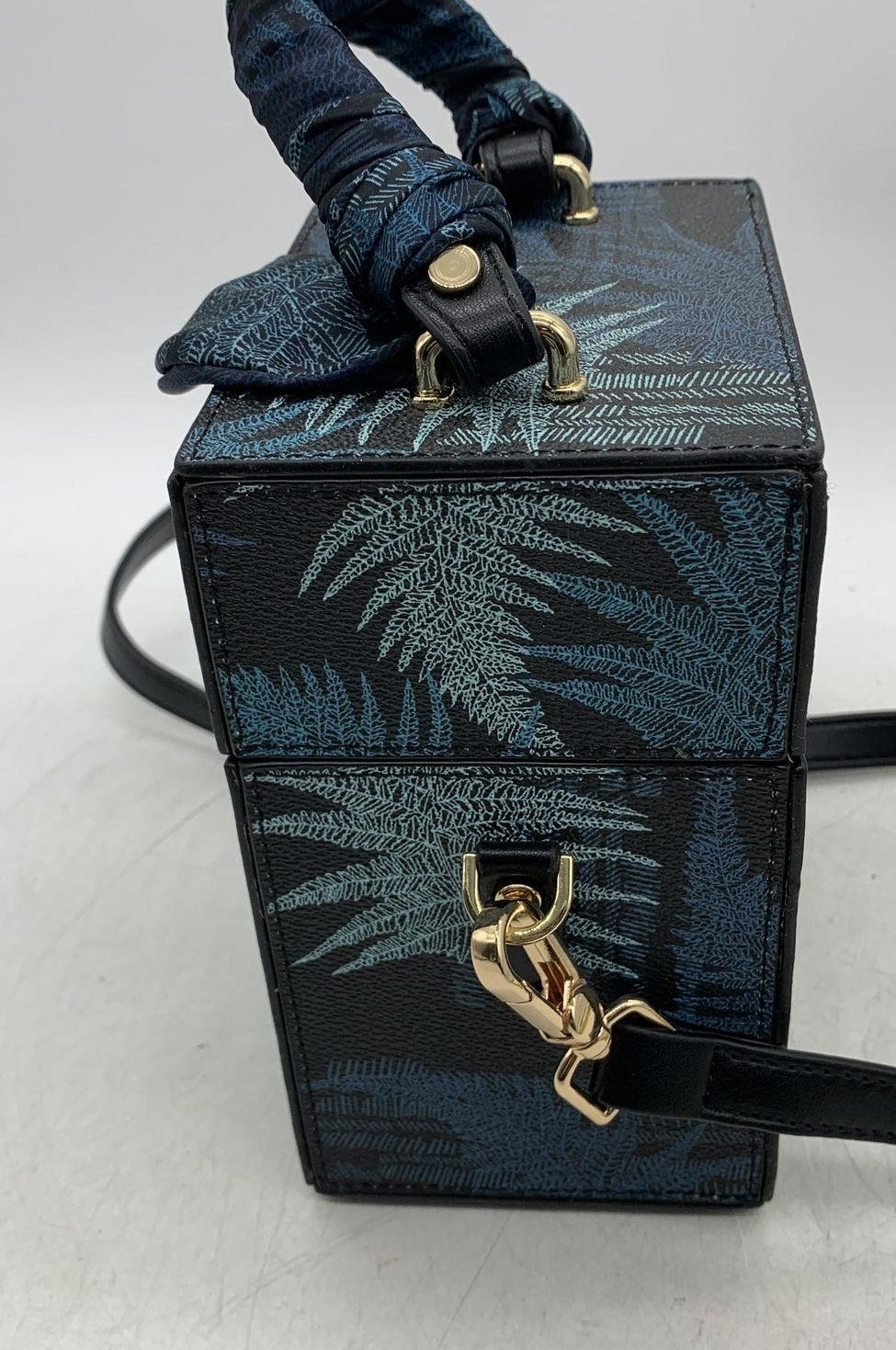 Kabalala Black Blue Fern Print Box Trunk Crossbody Bag Scarf Handle Gold Hardware
