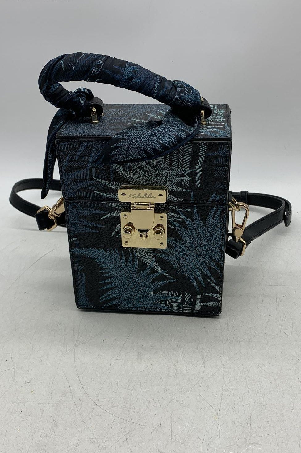 Kabalala Black Blue Fern Print Box Trunk Crossbody Bag Scarf Handle Gold Hardware
