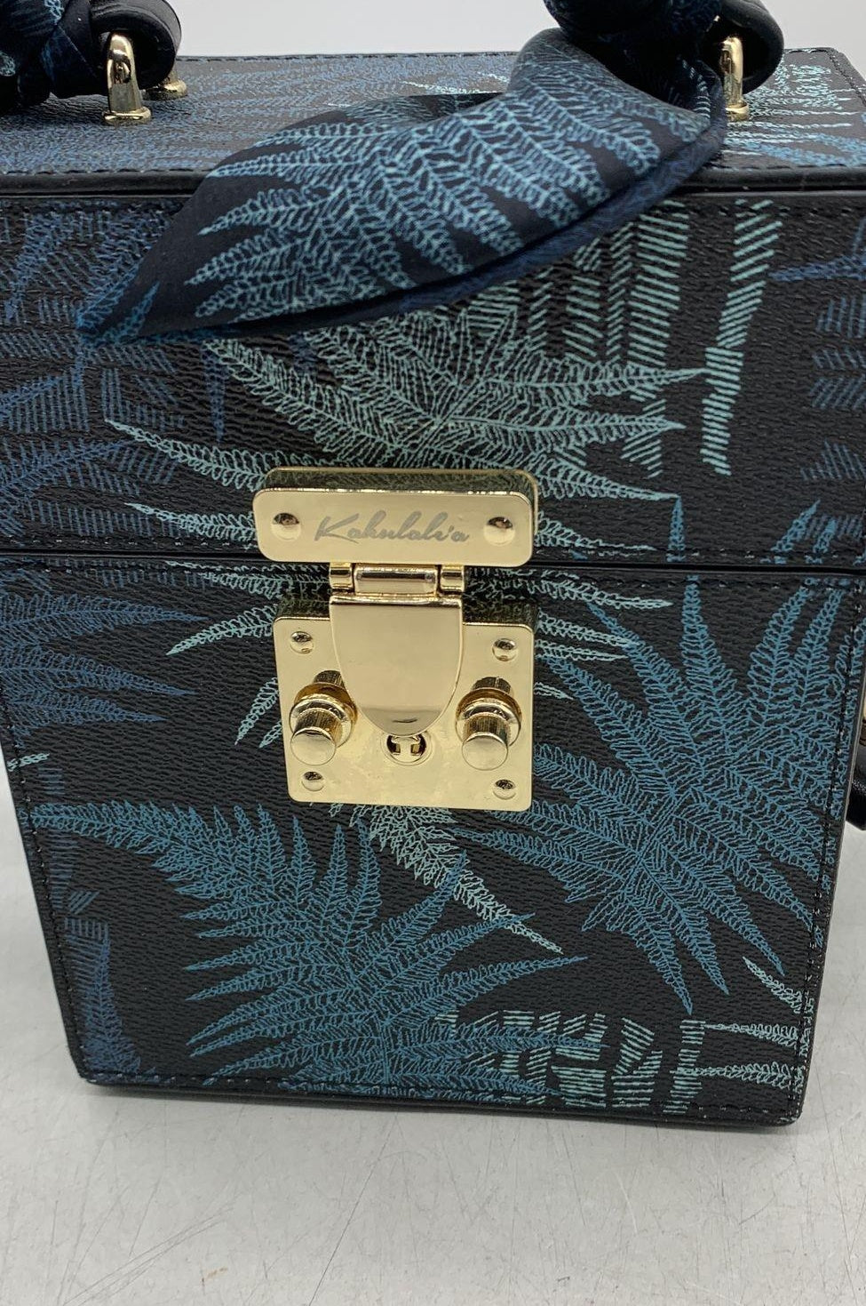 Kabalala Black Blue Fern Print Box Trunk Crossbody Bag Scarf Handle Gold Hardware