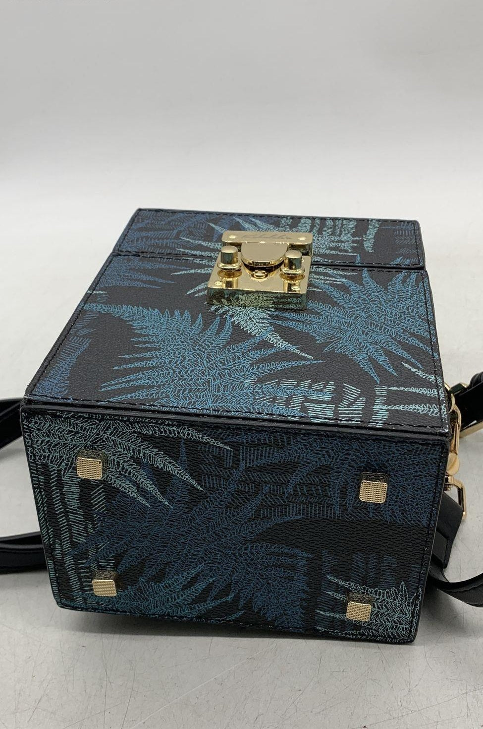 Kabalala Black Blue Fern Print Box Trunk Crossbody Bag Scarf Handle Gold Hardware