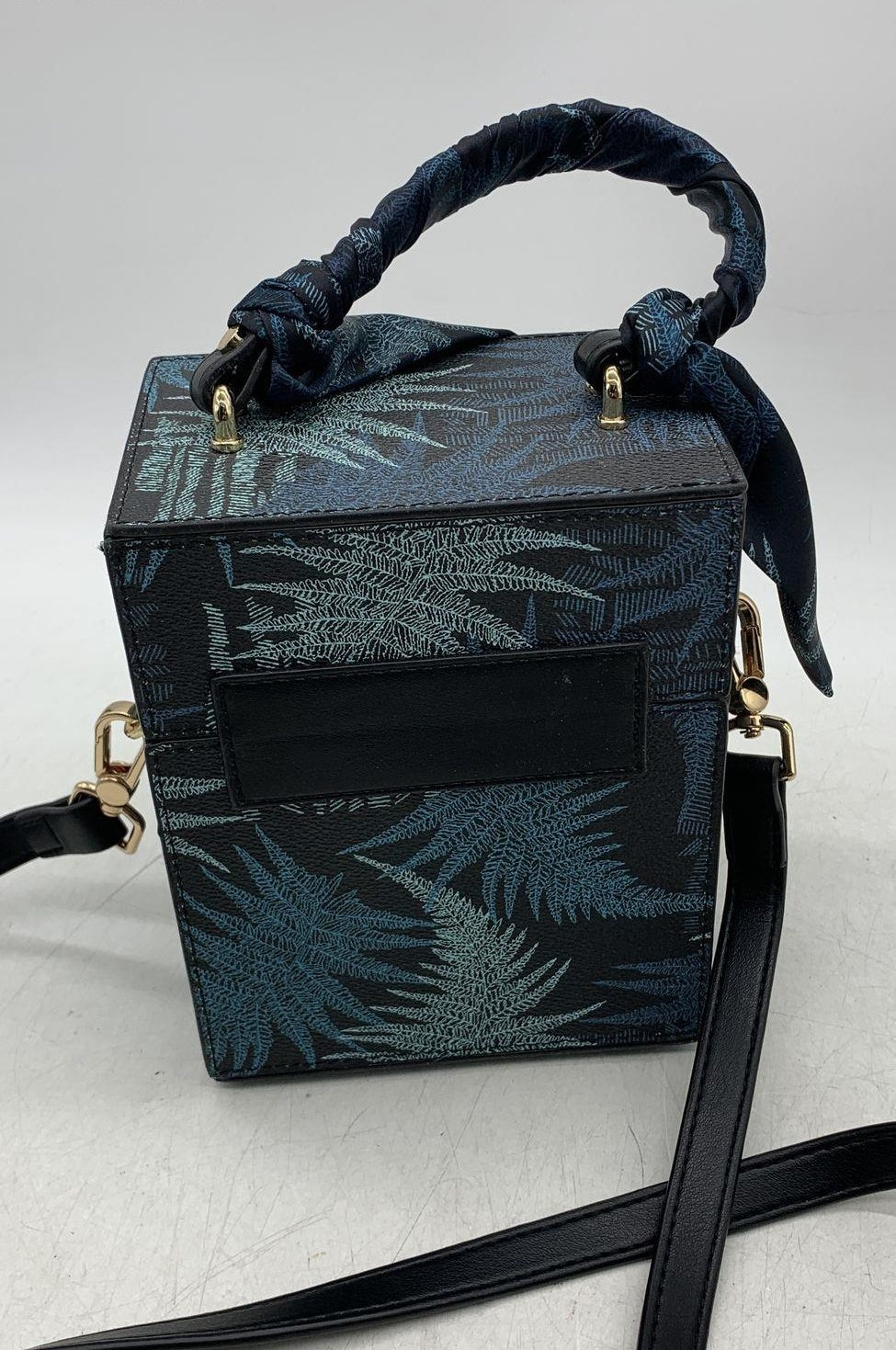 Kabalala Black Blue Fern Print Box Trunk Crossbody Bag Scarf Handle Gold Hardware