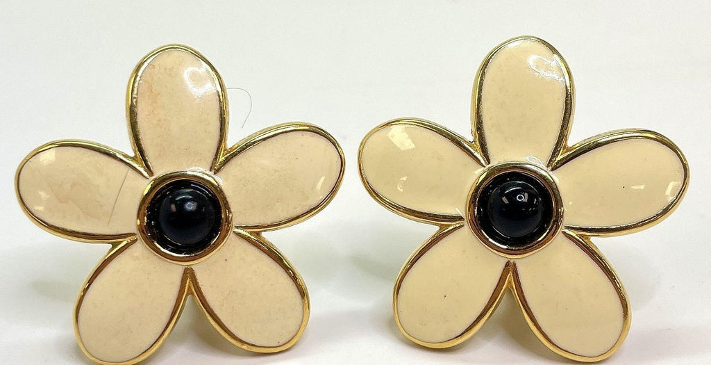 Vintage Monet Gold Tone Cream Flower Clip-On Earrings with Black Faux Stone Centers | Designer Floral Jewelry 19.8g
