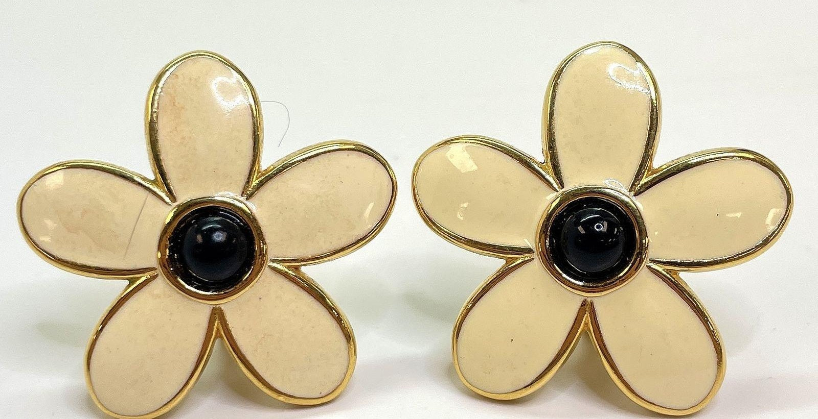 Vintage Monet Gold Tone Cream Flower Clip-On Earrings with Black Faux Stone Centers | Designer Floral Jewelry 19.8g