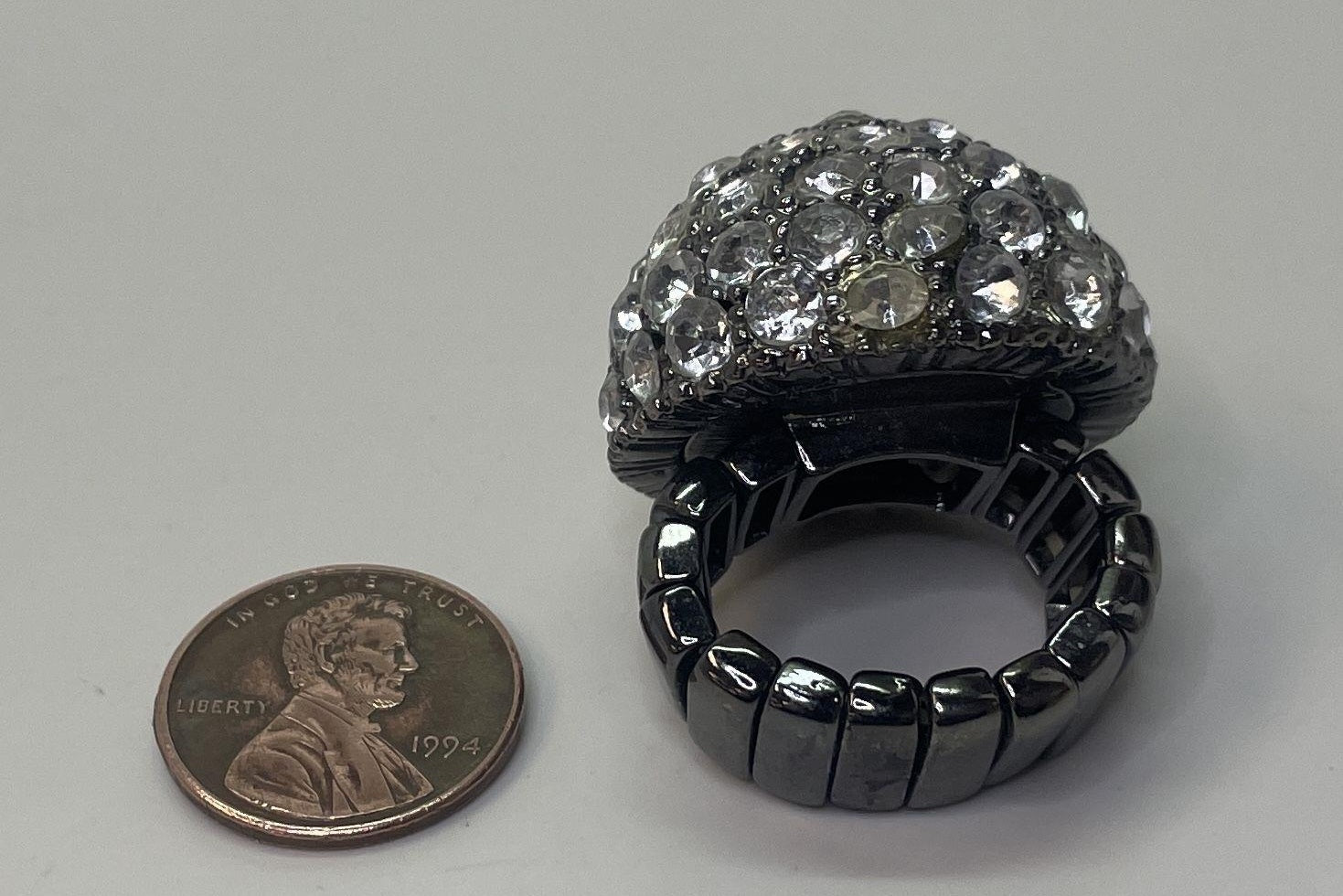 Vintage Silver Tone Rhinestone Dome Ring Adjustable 33g