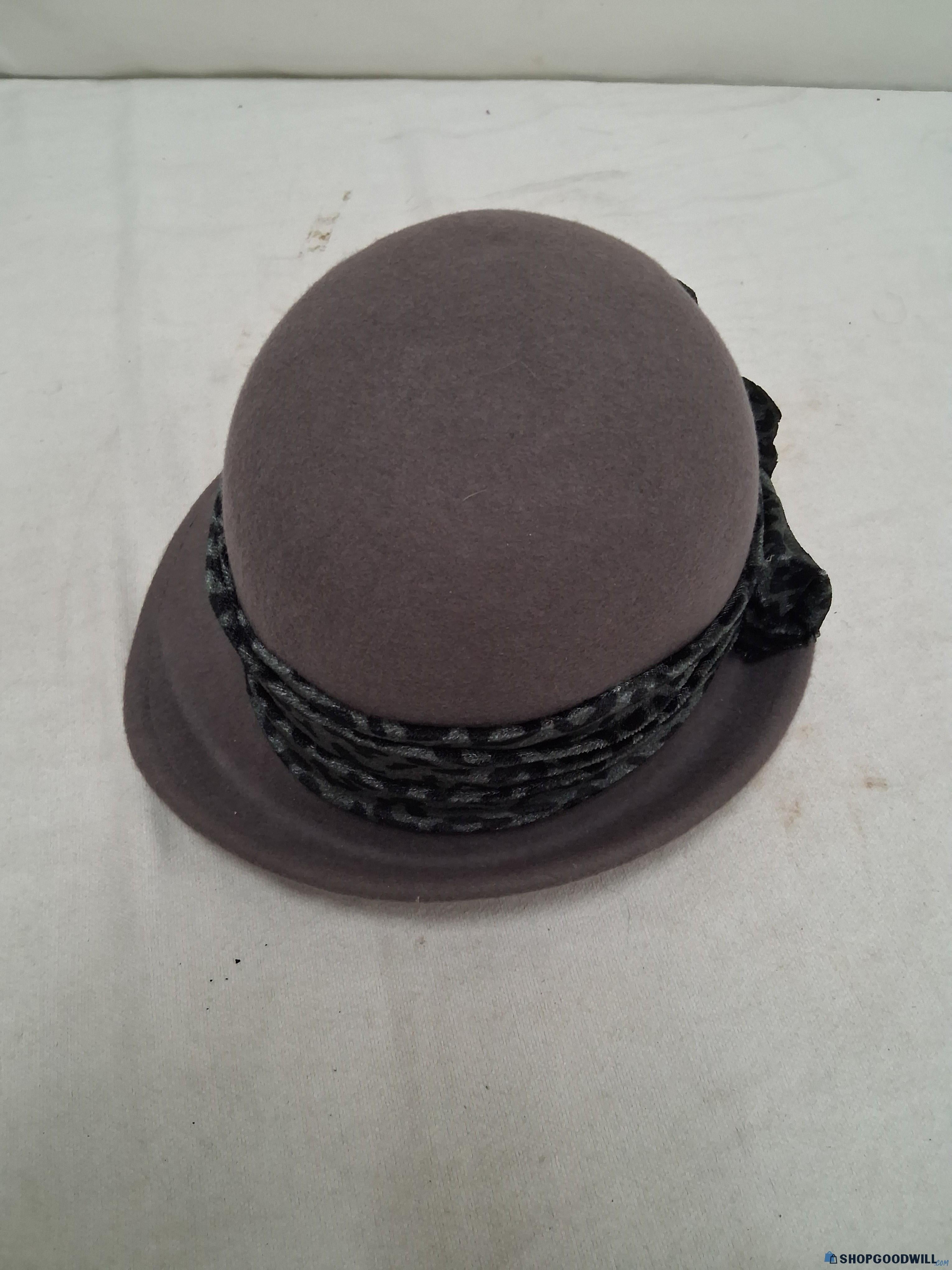 Scala Pronto Wool Felt Cloche Hat with Leopard-Print Ribbon, Soft Gray Vintage-Style Women’s Hat