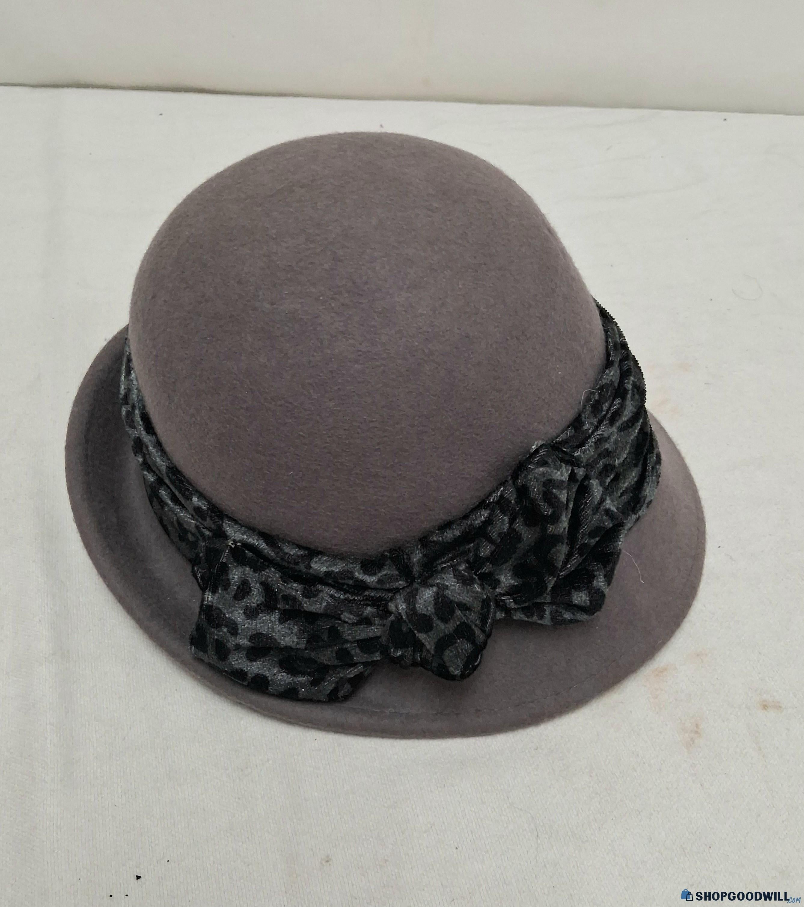Scala Pronto Wool Felt Cloche Hat with Leopard-Print Ribbon, Soft Gray Vintage-Style Women’s Hat