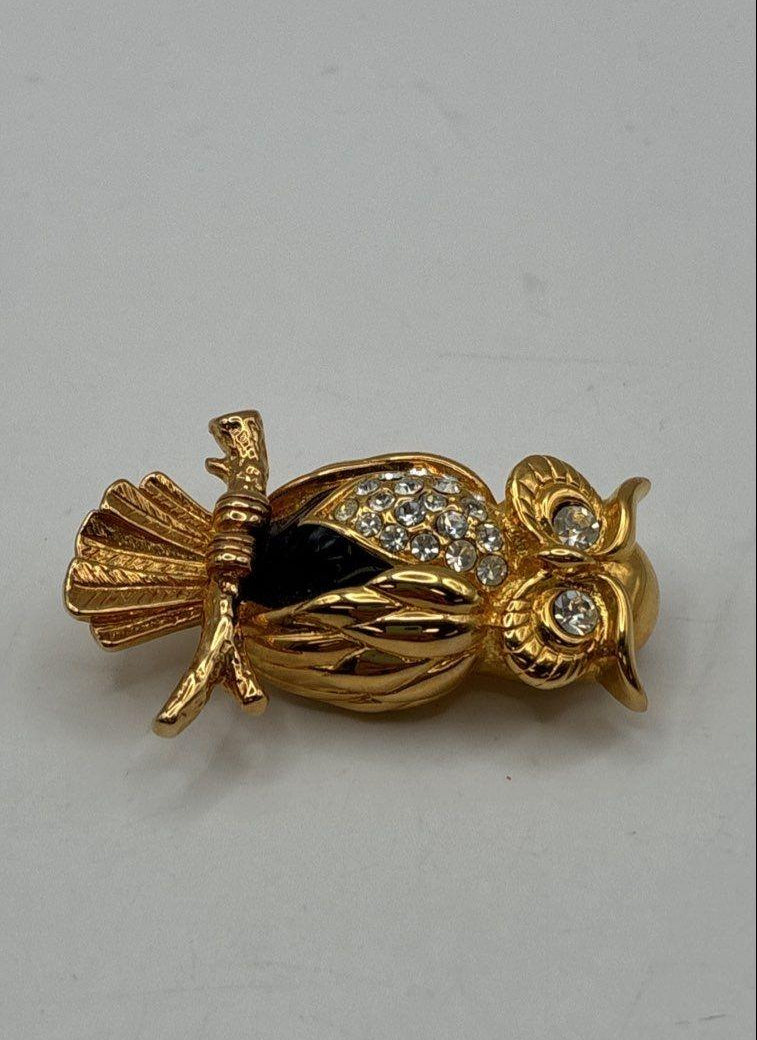 Vintage Swarovski Gold Tone Crystal Owl Brooch Black Enamel Figural Pin