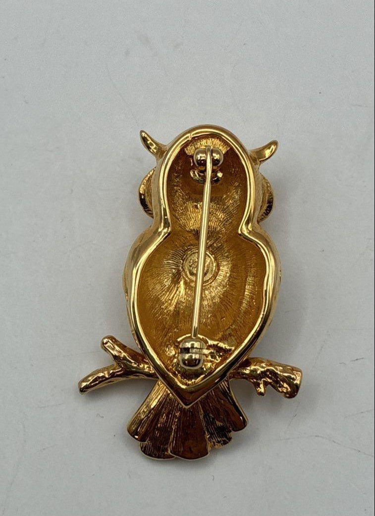 Vintage Swarovski Gold Tone Crystal Owl Brooch Black Enamel Figural Pin