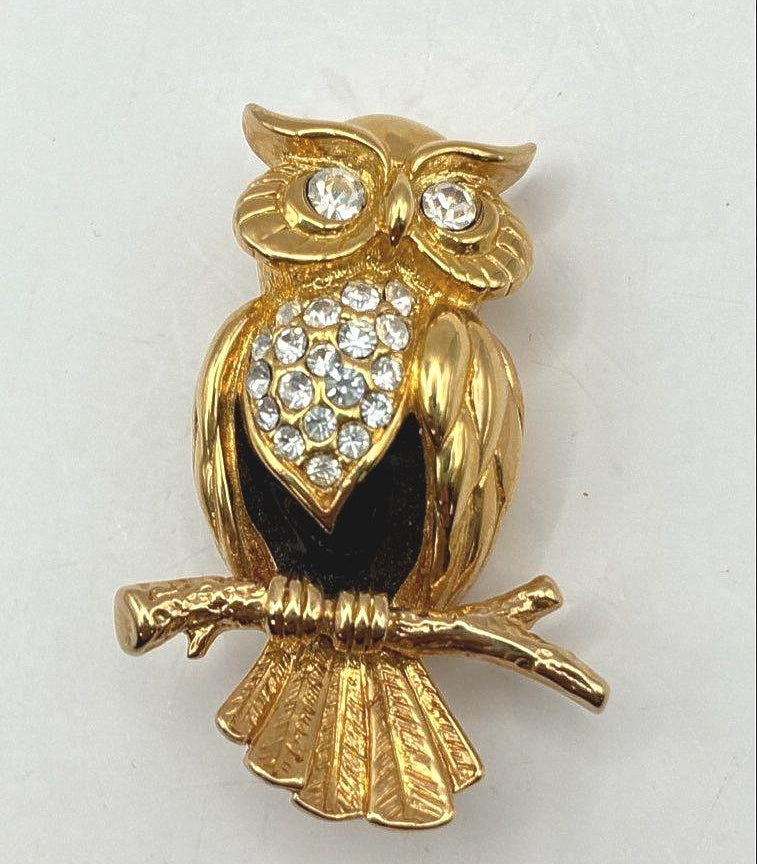 Vintage Swarovski Gold Tone Crystal Owl Brooch Black Enamel Figural Pin