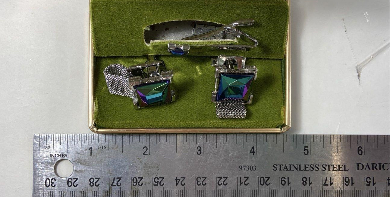 Vintage Silver Tone Iridescent Square Cut Glass Tie Clip and Cufflinks Set
