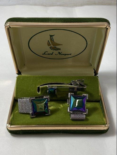 Vintage Silver Tone Iridescent Square Cut Glass Tie Clip and Cufflinks Set