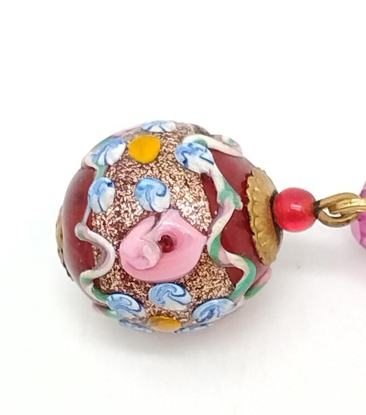 Vintage Fiorato Wedding Cake Glass Dangle Earrings, Colorful Floral Screw Back Earrings