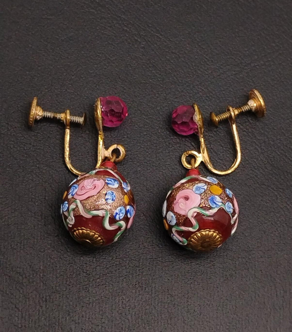 Vintage Fiorato Wedding Cake Glass Dangle Earrings, Colorful Floral Screw Back Earrings