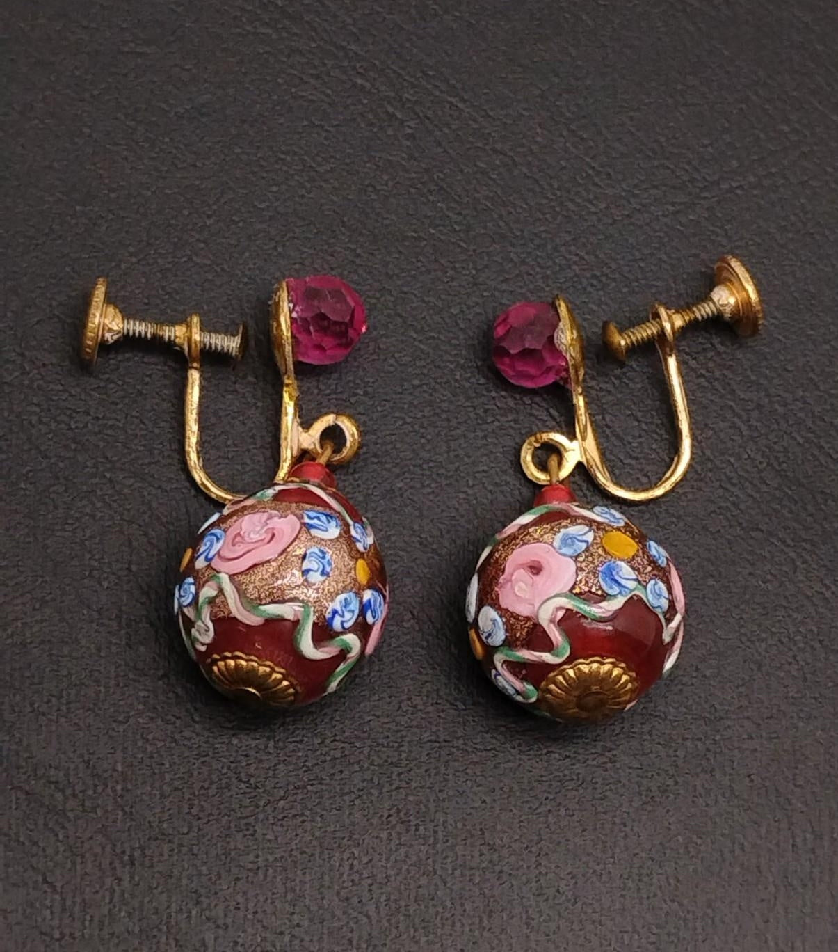 Vintage Fiorato Wedding Cake Glass Dangle Earrings, Colorful Floral Screw Back Earrings
