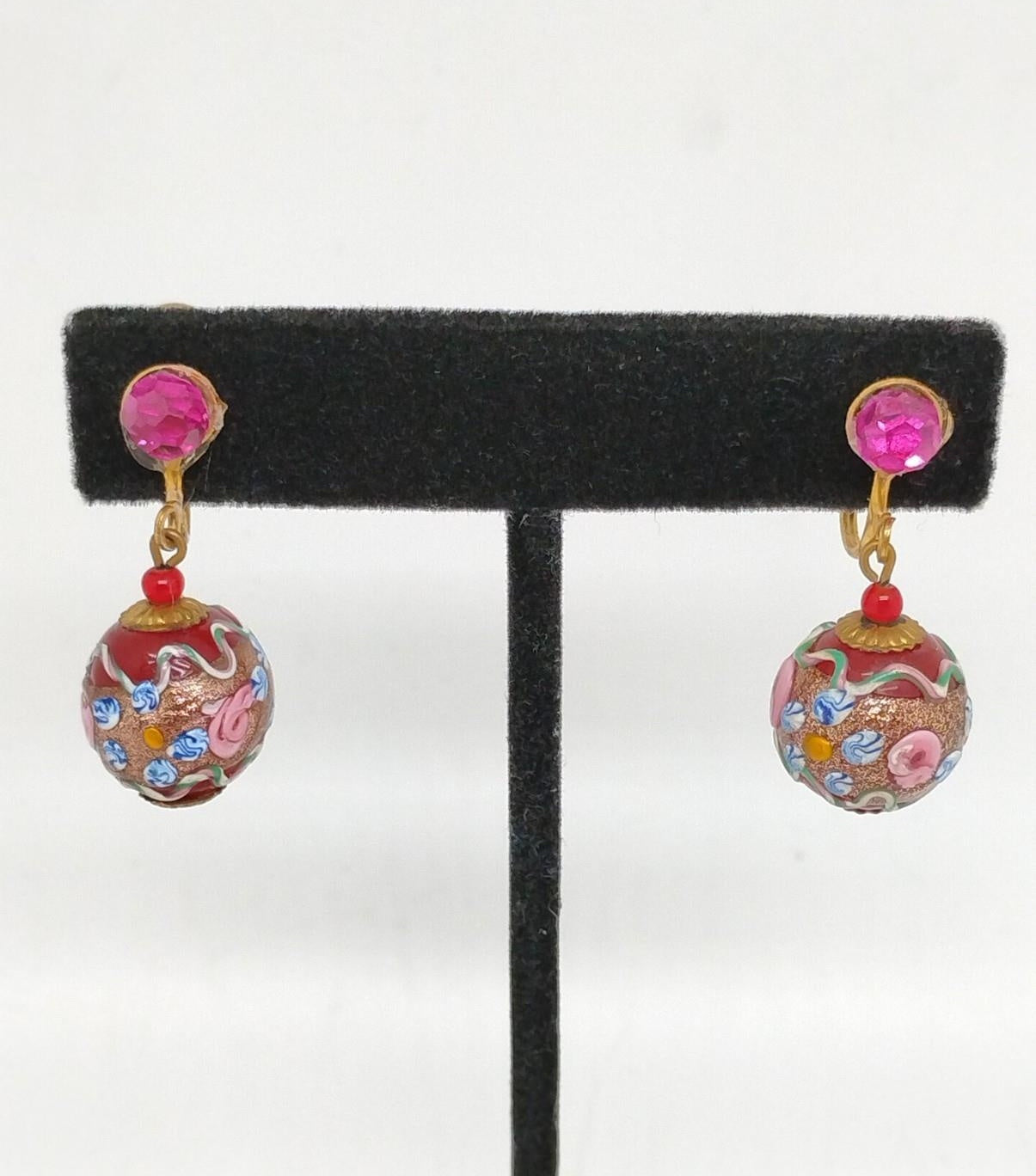 Vintage Fiorato Wedding Cake Glass Dangle Earrings, Colorful Floral Screw Back Earrings