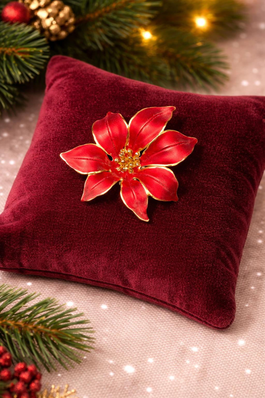 Vintage Cerrito Poinsettia Brooch Red Enamel Gold Tone Christmas Flower Pin