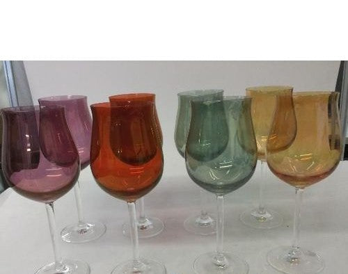 Set of 8 Multi-Color Wine Glasses Clear Stem 8.5 Inch Tall Green Orange Purple Red