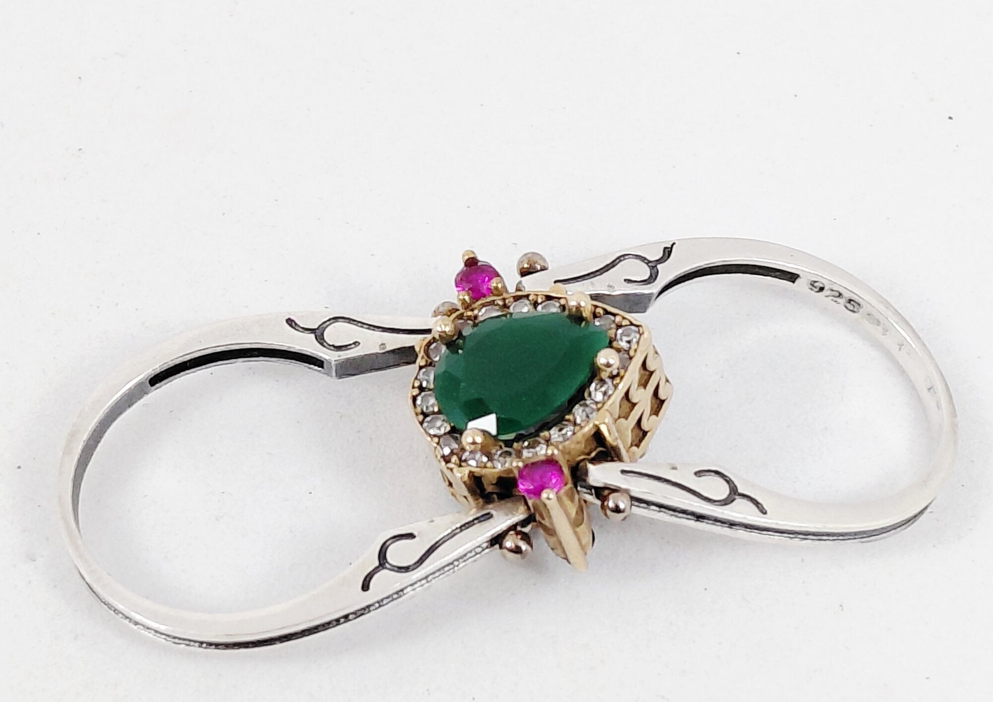 925 Silver Chrysoprase & Mystic CZ Reversible Cocktail Ring Size 7.5 (Missing 1 stone)