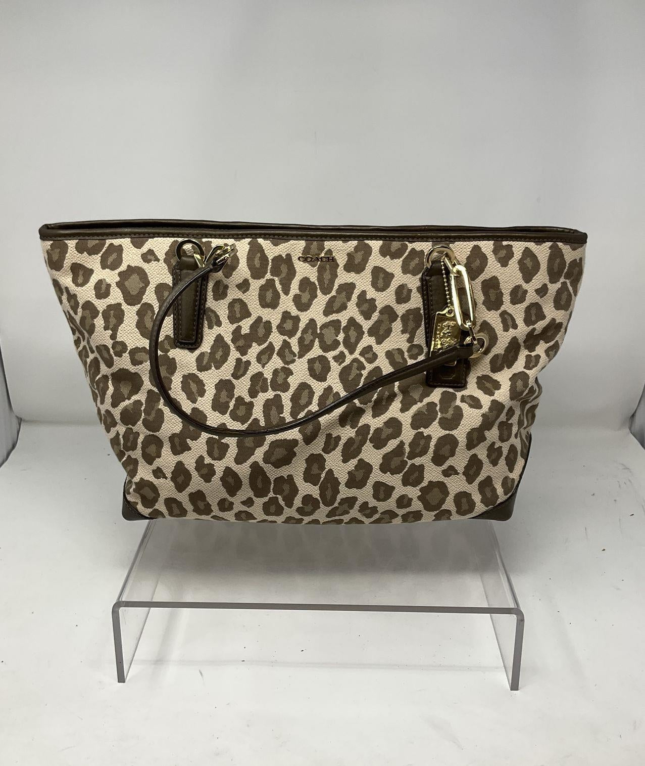Coach Ocelot Leopard Jacquard Tote Bag Natural Brown Leather Trim Shoulder Shopper