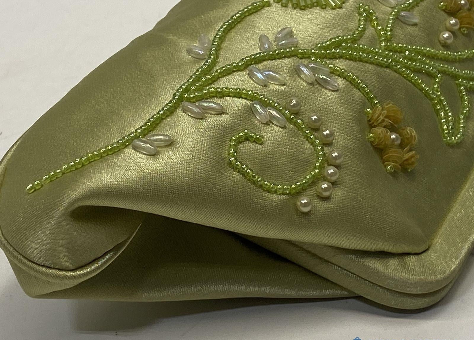 (SOLD) Mariell Green Satin Beaded Floral Design Kiss Lock Chain Strap Evening Bag