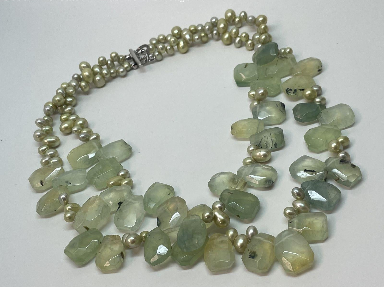Green Freshwater Pearl & Quartz Double Strand Necklace, Silver Tone Statement Bead Necklace