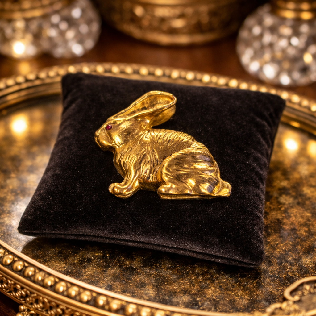 Signed Gold Tone Bunny Brooch Sculpted Rabbit Pin with Red Eye Detail
