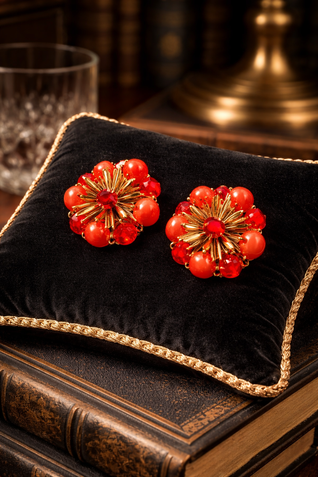 Richelieu Gold Tone Red Bead Cluster Clip Earrings Faceted Crystal Floral Vintage Statement Jewelry